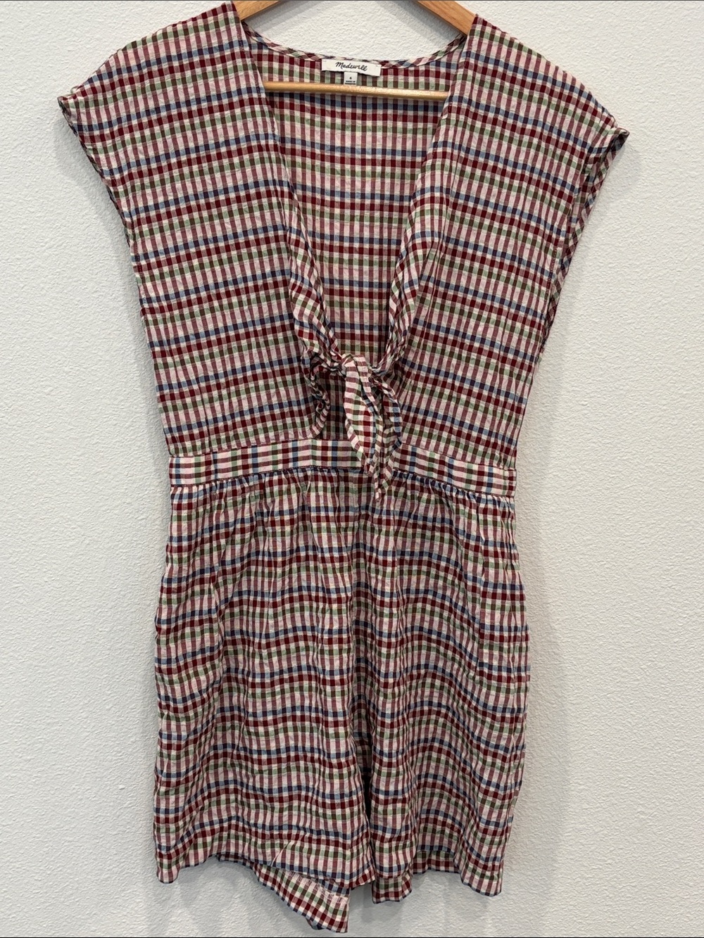 Madewell 100% Cotton Gingham Tie-Front Romper in Red, Blue and Green Women 6